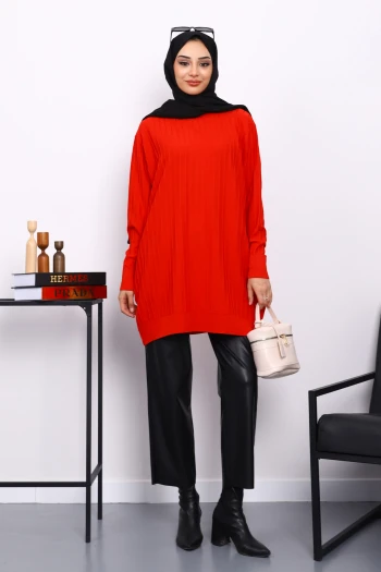 Kırmızı Merserize Fitilli Salaş Tunik