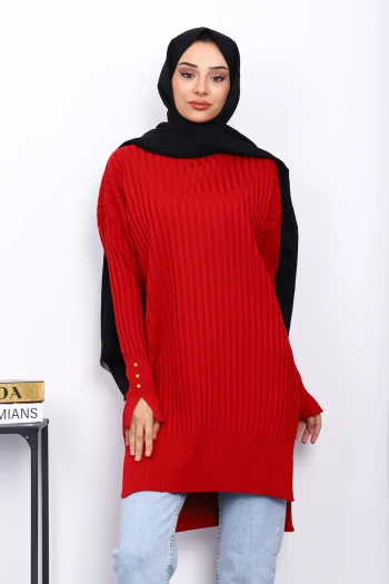Kırmızı Önü Kısa Arkası Uzun Triko Tunik