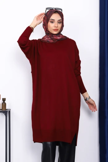 Koyu Bordo Bisiklet Yaka Merserize Salaş Triko Tunik