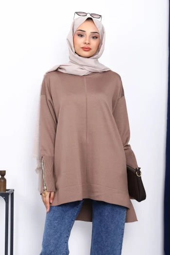 Koyuv Vizon Kol Fermuarlı Soğuk İplik Triko Tunik