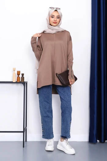 Koyuv Vizon Kol Fermuarlı Soğuk İplik Triko Tunik