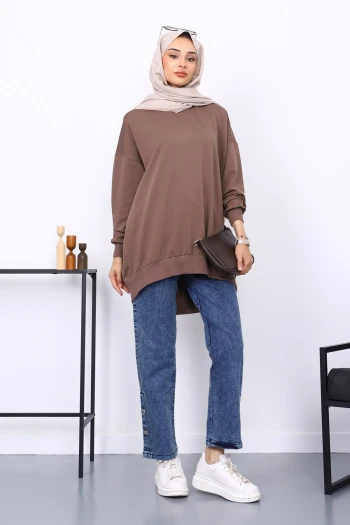 Koyuv Vizon Önü Kısa Arkası Uzun Oversize Sweatshirt