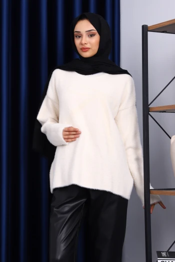 Krem Bisiklet Yaka Desenli Angora Yumoş Triko Kazak