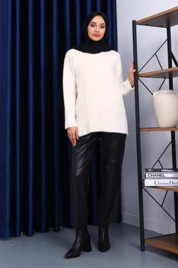 Krem Bisiklet Yaka Sakal Triko Kazak