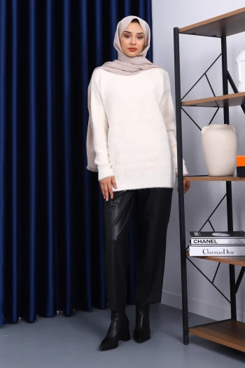 Krem Bisiklet Yaka Sakal Triko Kazak