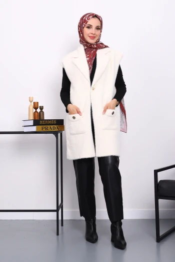 Krem Cepli Uzun Angora Yumoş Yelek
