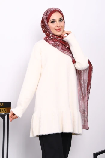 Krem Volanlı Angora Yumoş Triko Tunik