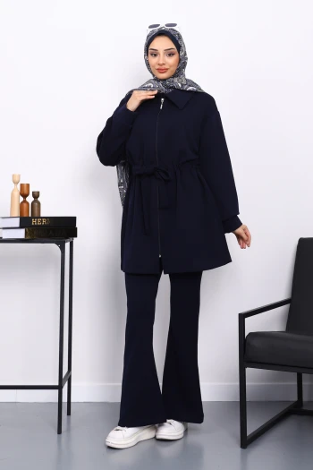 Lacivert Bel Bağlamalı Modal Tunik Pantolonlu Takım
