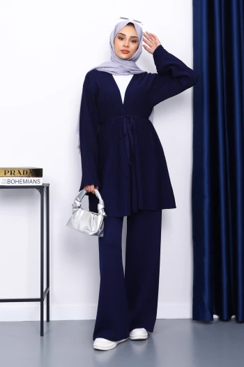 Lacivert Bel Kuşaklı Hırka Pantolonlu Takım