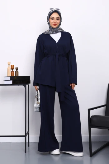 Lacivert Bel Kuşaklı Pantolonlu Takım