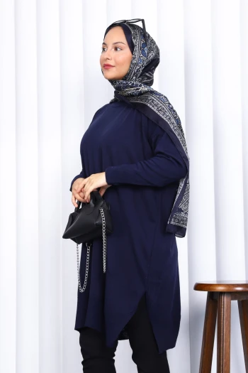 Lacivert Bisiklet Yaka Merserize Salaş Triko Tunik