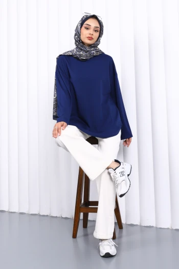 Lacivert Bisiklet Yaka Modal Tunik