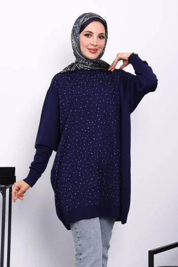 Lacivert Bisiklet Yaka Taş İşlemeli Merserize Triko Tunik