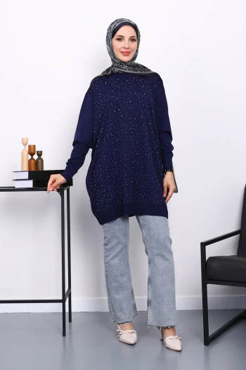 Lacivert Bisiklet Yaka Taş İşlemeli Merserize Triko Tunik