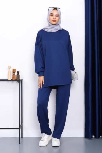 Lacivert Bisiklet Yaka Tunik Pantolonlu Takım