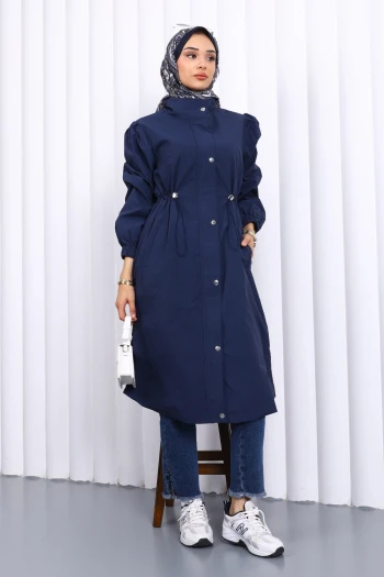 Lacivert Çıtçıtlı Bel Lastikli Trençkot