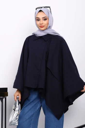 Lacivert Düğmeli Astarlı Panço Trençkot