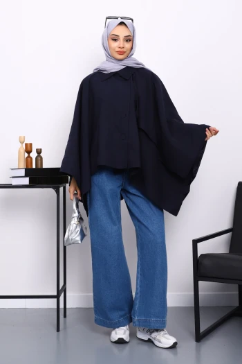 Lacivert Düğmeli Astarlı Panço Trençkot