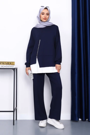 Lacivert Fermuar Detaylı Modal Tunik Pantolonlu Takım