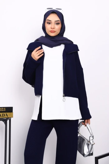 Lacivert Fermuarlı Üçlü Triko Takım