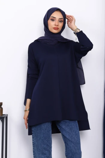 Lacivert Kol Fermuarlı Soğuk İplik Triko Tunik