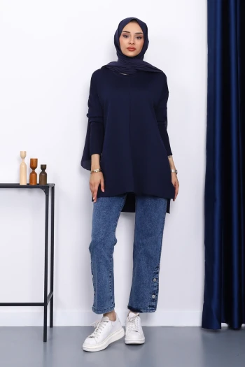 Lacivert Kol Fermuarlı Soğuk İplik Triko Tunik