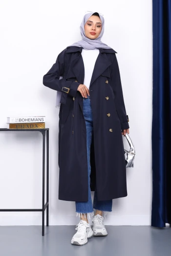 Lacivert Kravuze Yaka Kuşaklı Trençkot