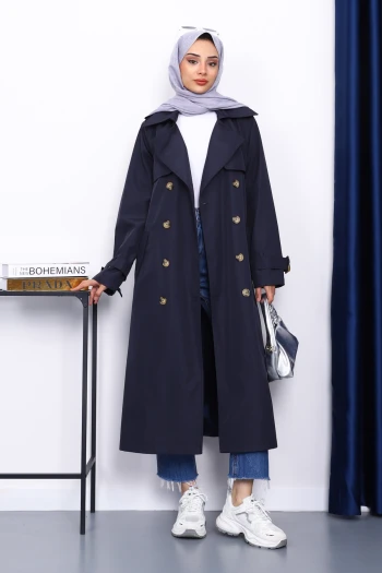 Lacivert Kravuze Yaka Kuşaklı Trençkot