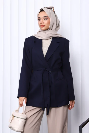 Lacivert Kruvaze Yaka Düğmeli Blazer Ceket