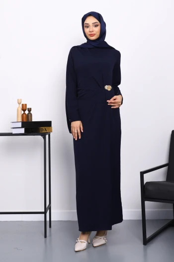 Lacivert Önü Drapeli Tokalı Krep Elbise