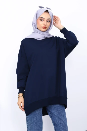Lacivert Önü Kısa Arkası Uzun Oversize Sweatshirt