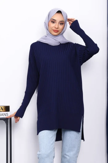 Lacivert Önü Kısa Arkası Uzun Triko Tunik