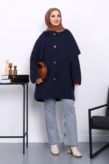 Lacivert Pelerin Detaylı  Düğmeli Trençkot