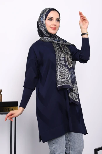 Lacivert Soğuk İplik Bisiklet Yaka Triko Tunik