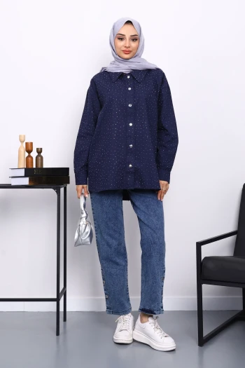 Lacivert Taşlı Gabardin Gömlek