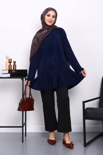 Lacivert Volanlı Angora Yumoş Triko Tunik