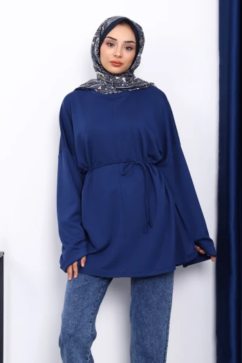 Lacivert Yanları Yırtmaçlı Bel İpli Tunik