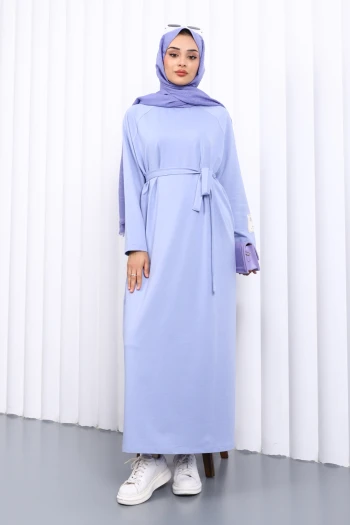 Lila Bisiklet Yaka Bel Kuşaklı Elbise
