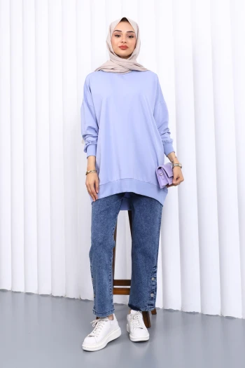 Lila Önü Kısa Arkası Uzun Oversize Sweatshirt