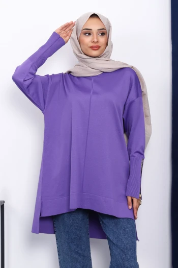 Mor Kol Fermuarlı Soğuk İplik Triko Tunik