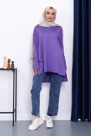Mor Kol Fermuarlı Soğuk İplik Triko Tunik