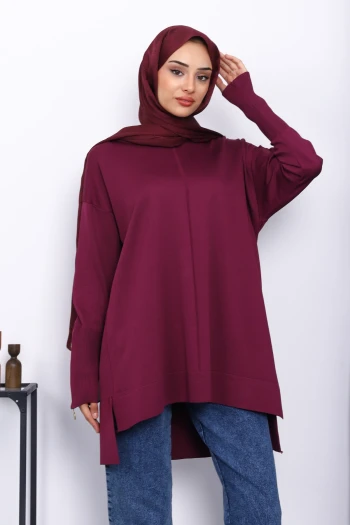 Mürdüm Kol Fermuarlı Soğuk İplik Triko Tunik