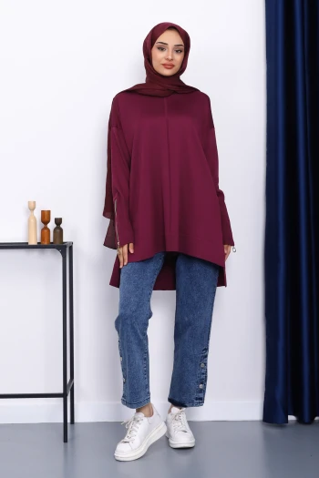 Mürdüm Kol Fermuarlı Soğuk İplik Triko Tunik