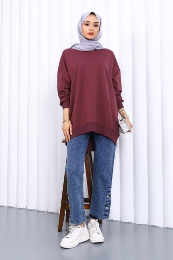Mürdüm Önü Kısa Arkası Uzun Oversize Sweatshirt