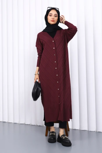 Mürdüm Soğuk İplik Düğmeli Triko Hırka