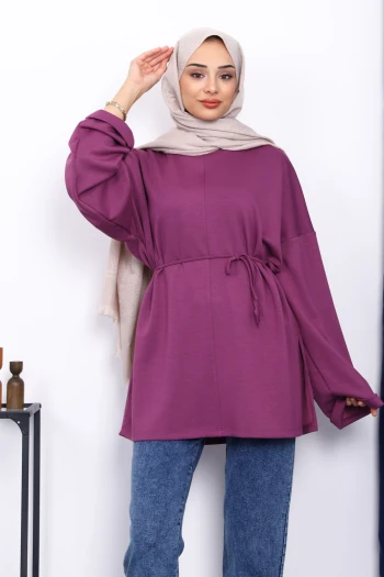 Mürdüm Yanları Yırtmaçlı Bel İpli Tunik