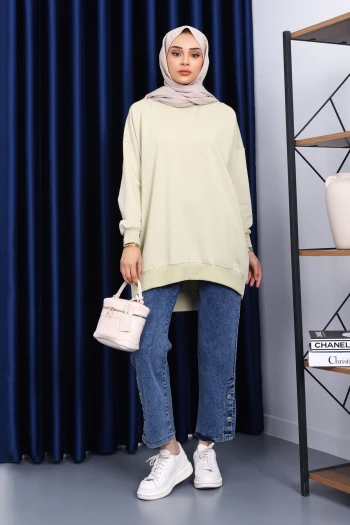 Pastel Yeşili Önü Kısa Arkası Uzun Oversize Sweatshirt