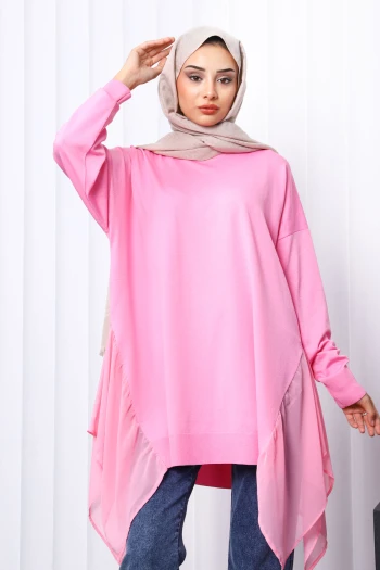 Pembe Bisiklet Yaka Tül Detaylı Tunik