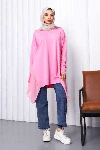 Pembe Bisiklet Yaka Tül Detaylı Tunik