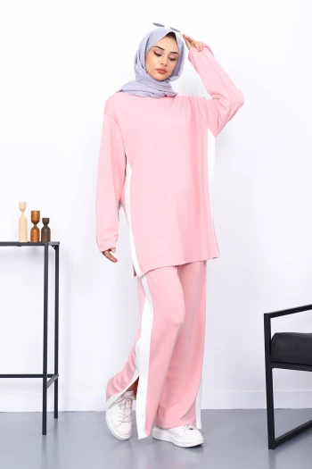 Pudra Renk Bloklu Modal Tunik Pantolonlu Takım